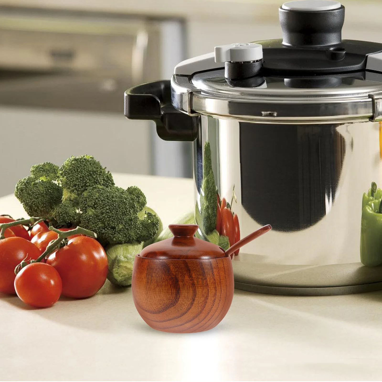 

Wooden Salt Jar Sugar Container Lid Bamboo Spoon Seasoning Storage Pot Wood Spice Keeper Kitchen Herb Tea