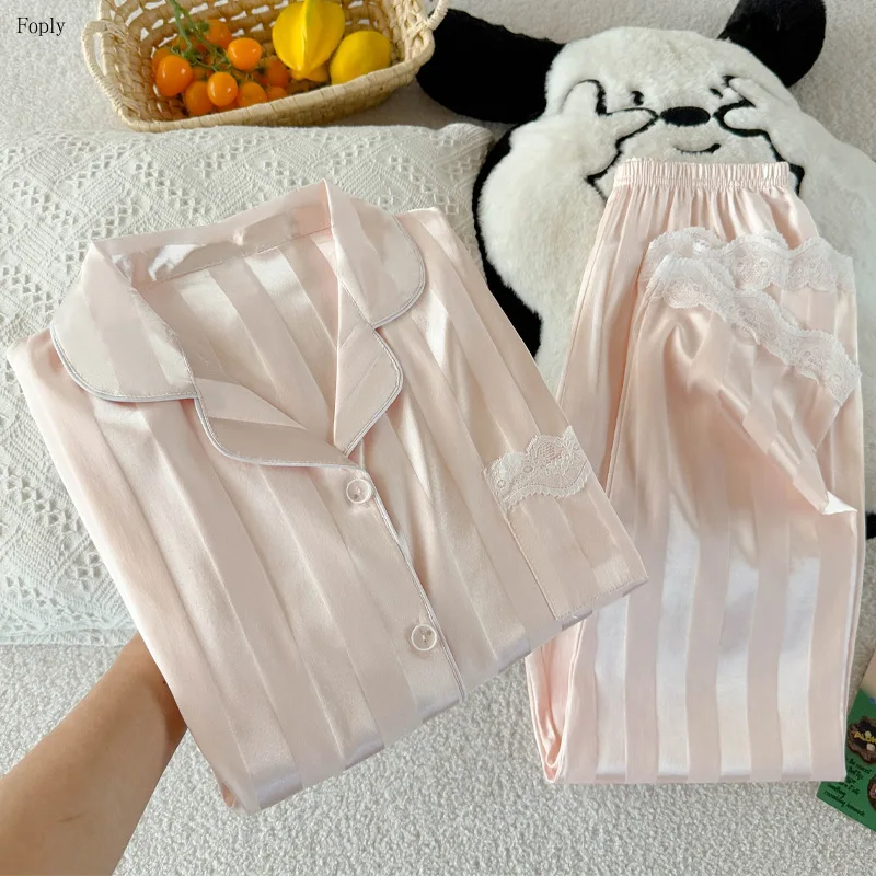 

Ins Ice Silk Women Pajams Set Striped Sleepwear Lace Pijamas for Women Loungewear Summer Satin Short-sleeved Pants Suit Homewer