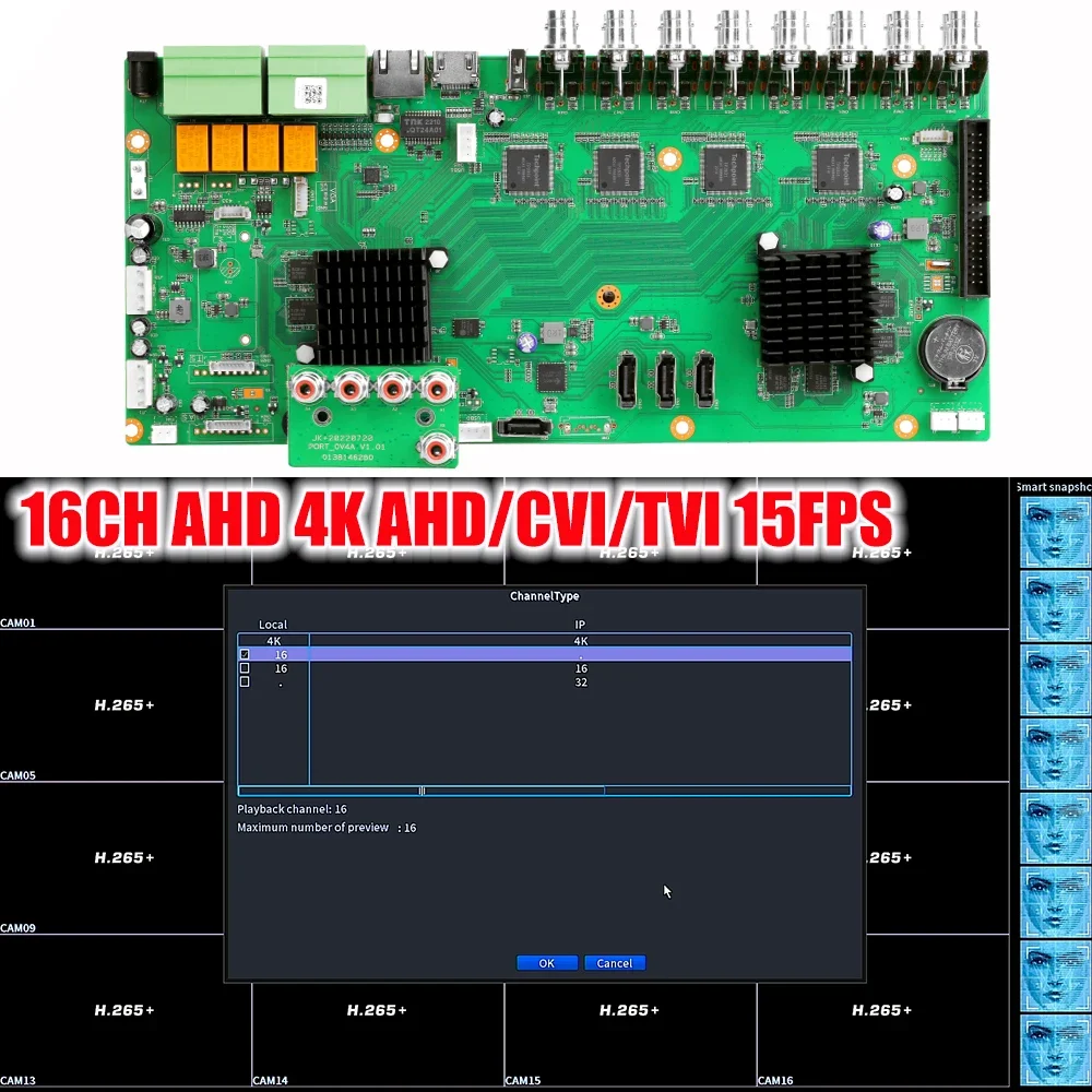 16CH AHD 15FPS 4K 6 in 1 H.265 Hybrid DVR Video Recorder for 8MP 5M AHD Camera 4K IP Camera CCTV Stystem Xmeye Face Human Car