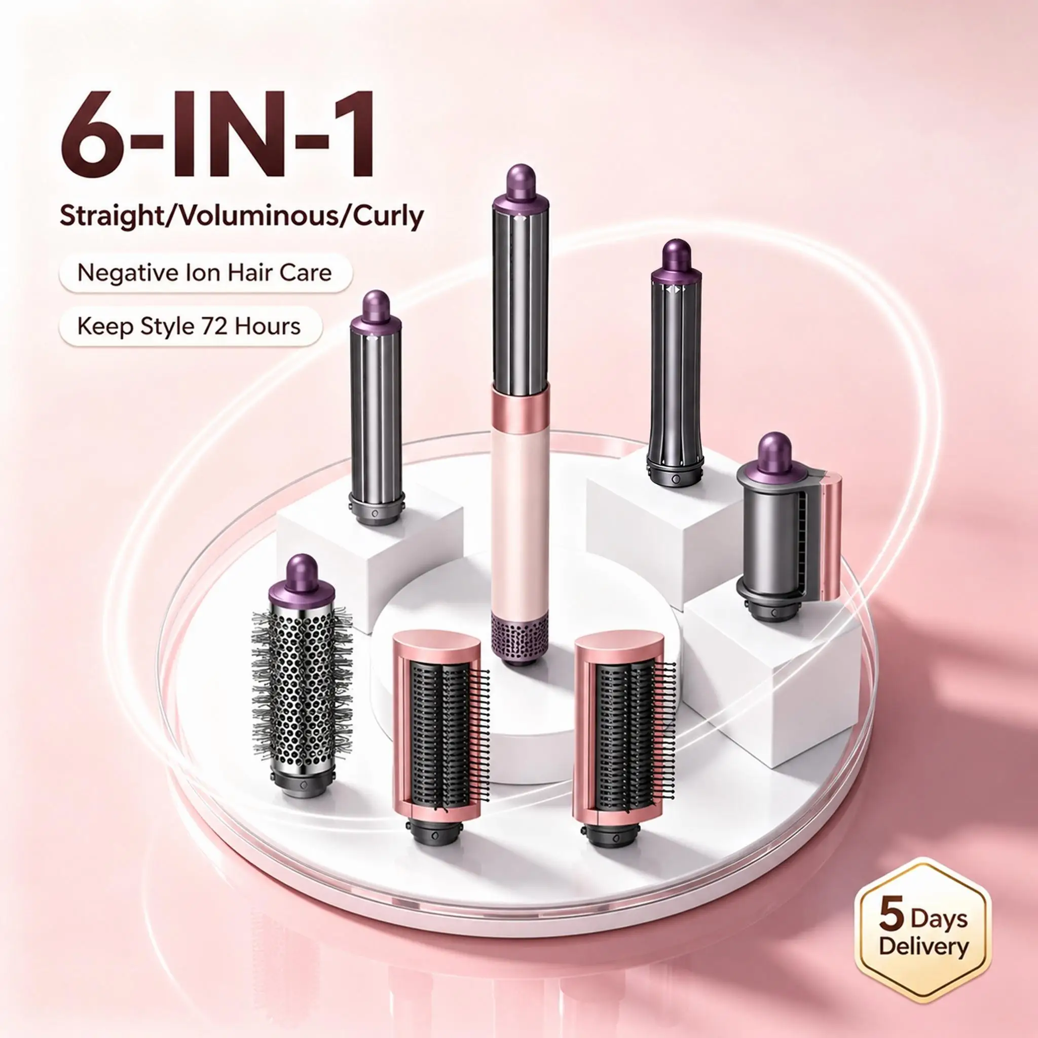 6 IN 1 Multi Hair Styler Negative Ion Hot Air Brush, 2-Way Auto Curler, Straightener Volumizer, All Hair Types