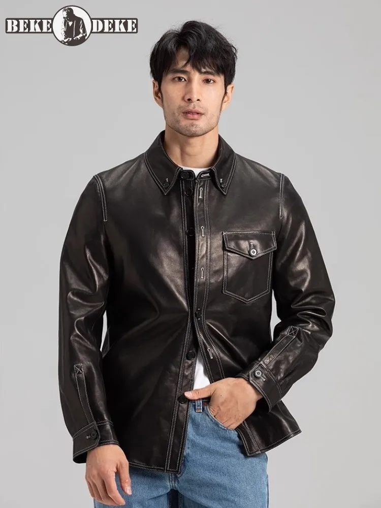 Single Breasted Mens Genuine Leather Shirt Jacket Slim Spring Autumn Long Sleeve Casual Sheepskin Short Coat Customized 10 Days