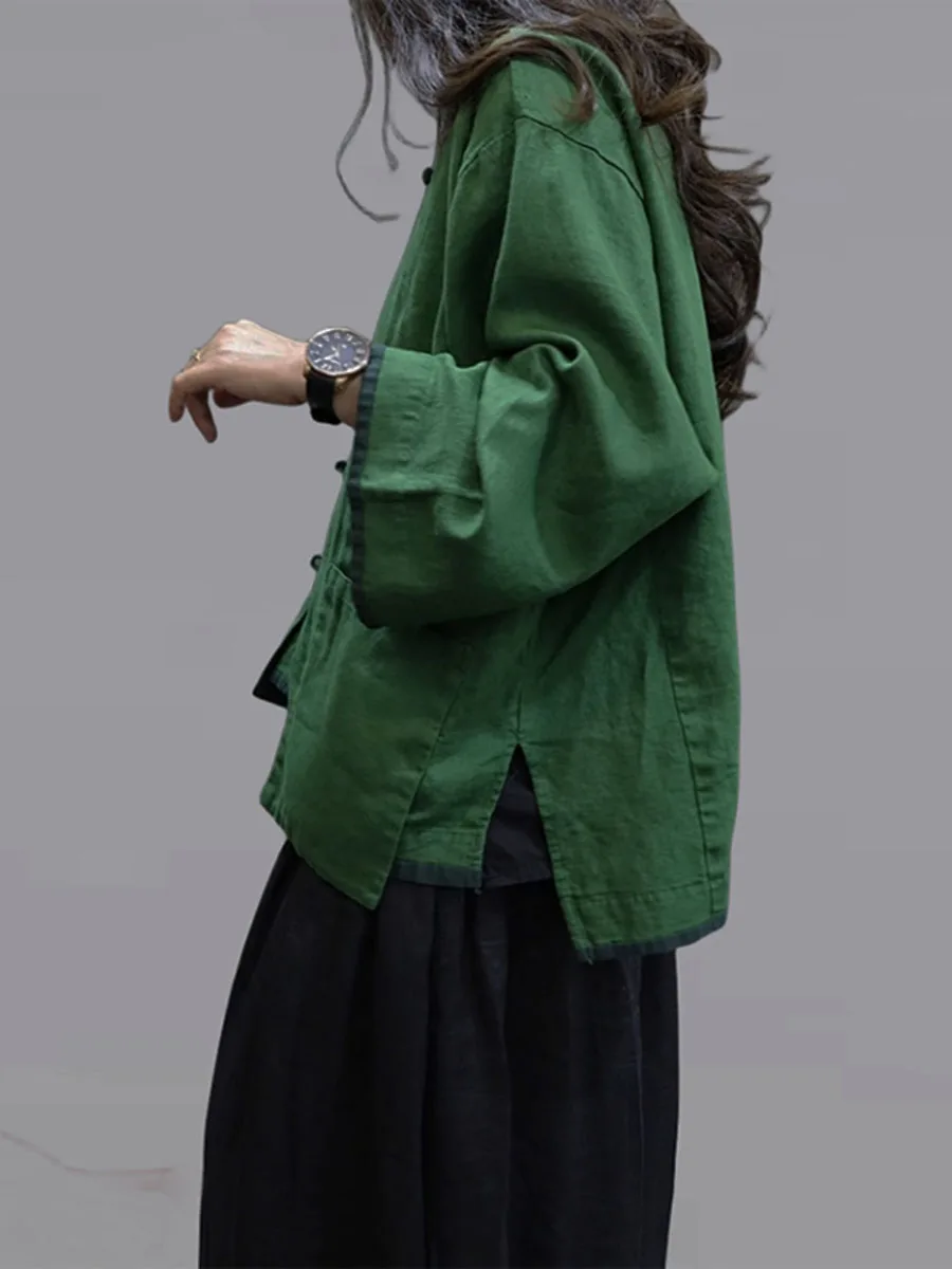 하이 엔드 리넨 대비 짧은 코트 여성 봄 여름 중국어 오픈 패치 워크 빈티지 대형 개구리 단추 긴 소매 탑