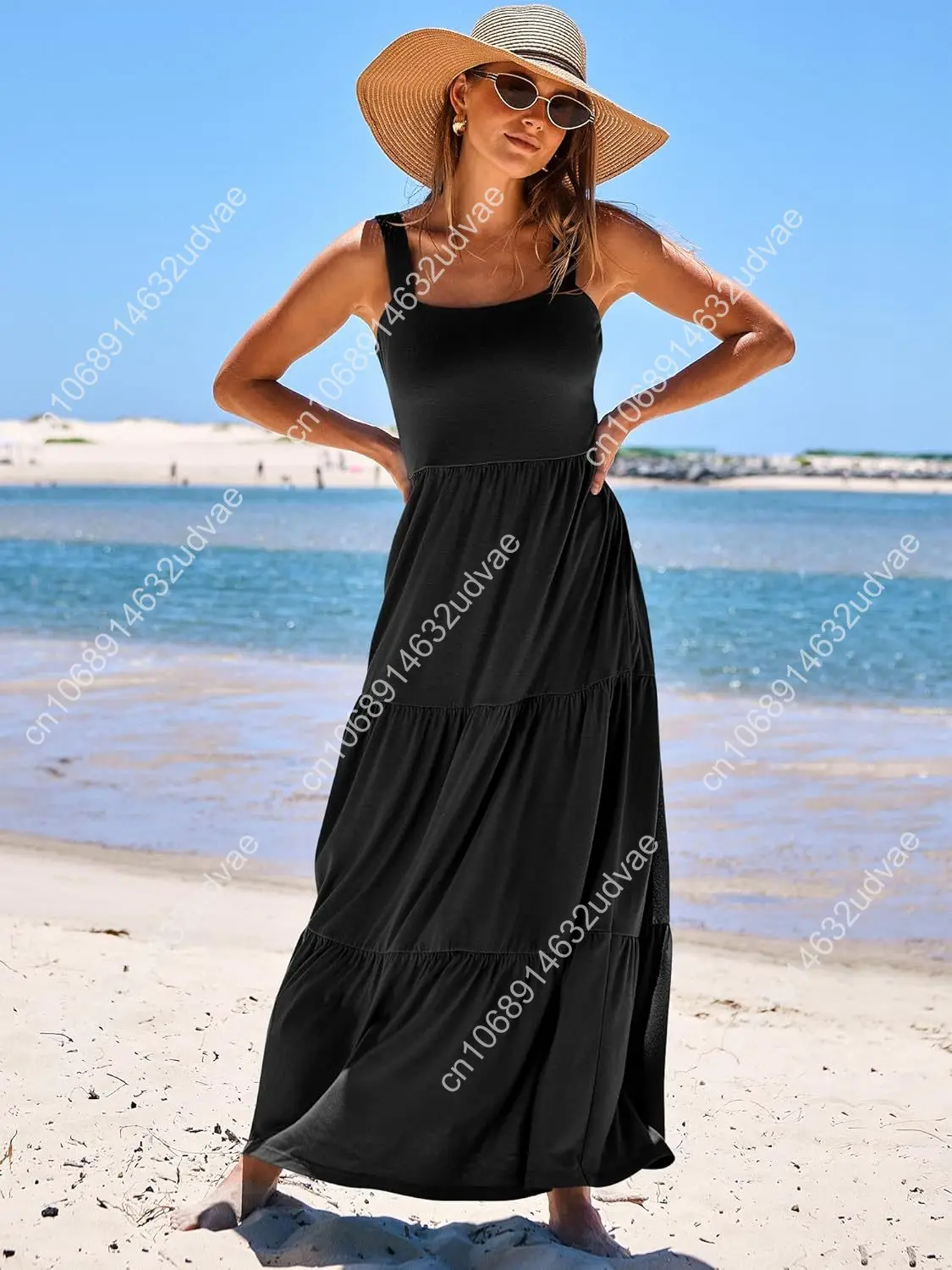 Feminino verão casual longo maxi praia férias vestidos sem mangas pescoço quadrado flowy em camadas vestido de sol com bolsos