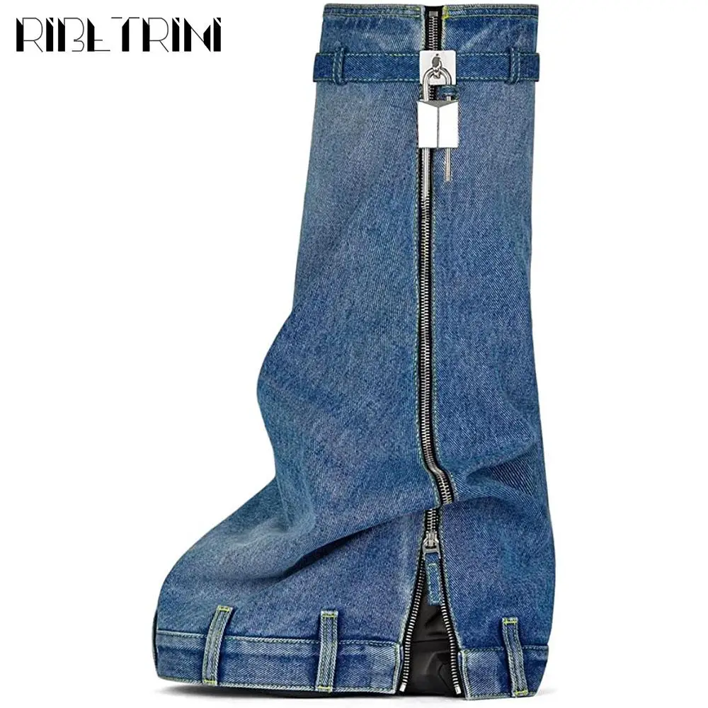 Padlock Fold Over Platform Women Knee High Boots Metal Zipper Denim Fashion 2023 Brand New High Heel Designer Street Cool Shoes