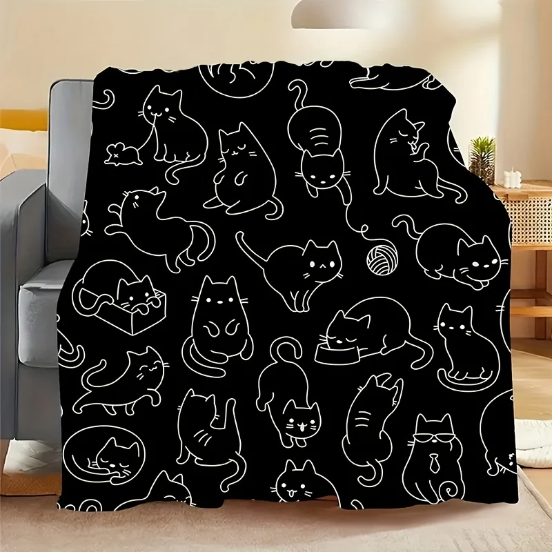 Cute Black White Kitten Flannel Blanket - Soft Warm All-Season Throw for Sofa/Bed/Office/Travel, Fashionable Gift for Cat Lovers