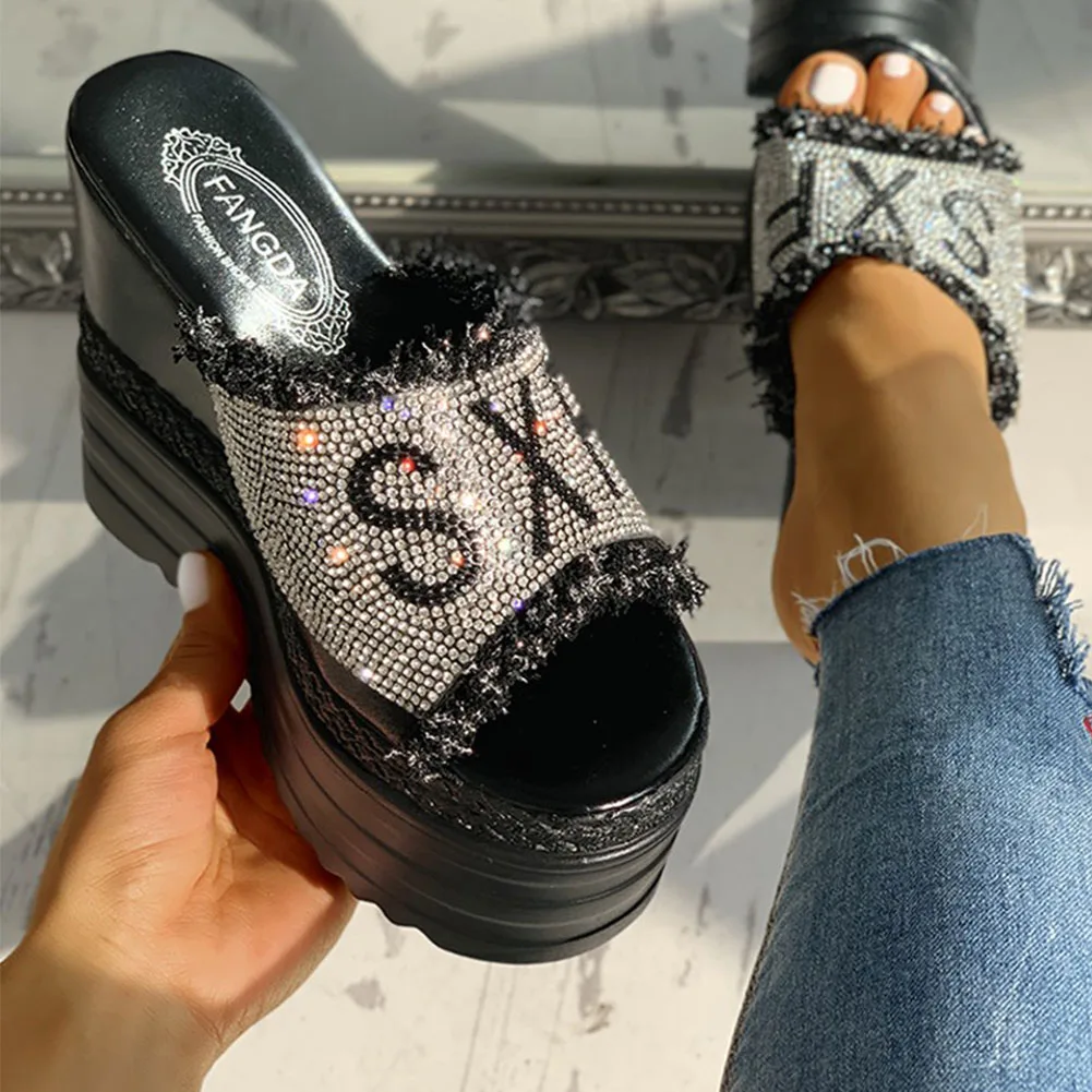 2023 New Women\'s High Heels Crystals Fashion Inner Height Leisure Summer Female Wedges Sandals Ladies Platform Mules Slippers