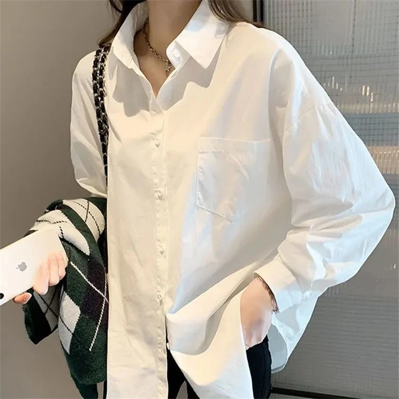 Womens Clothing Vintage Trendy Oversized Streetwear Shirt Korean Simple Casual White Blouse Female Tunic Tops Long Sleeve Blusas