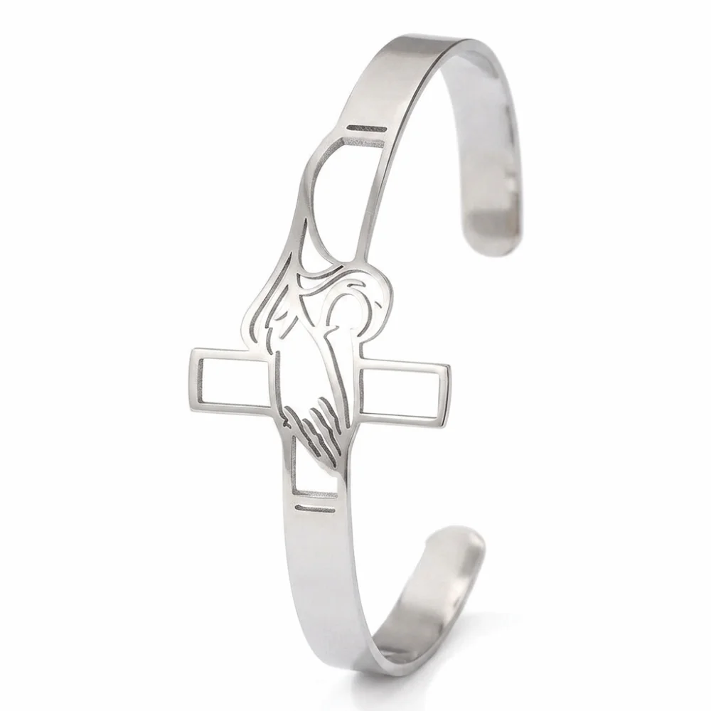 Polished Stainless Steel Cross Bangle Open-Ended Design Skin-Friendly Faith-Inspired Bracelet Timeless Appearance