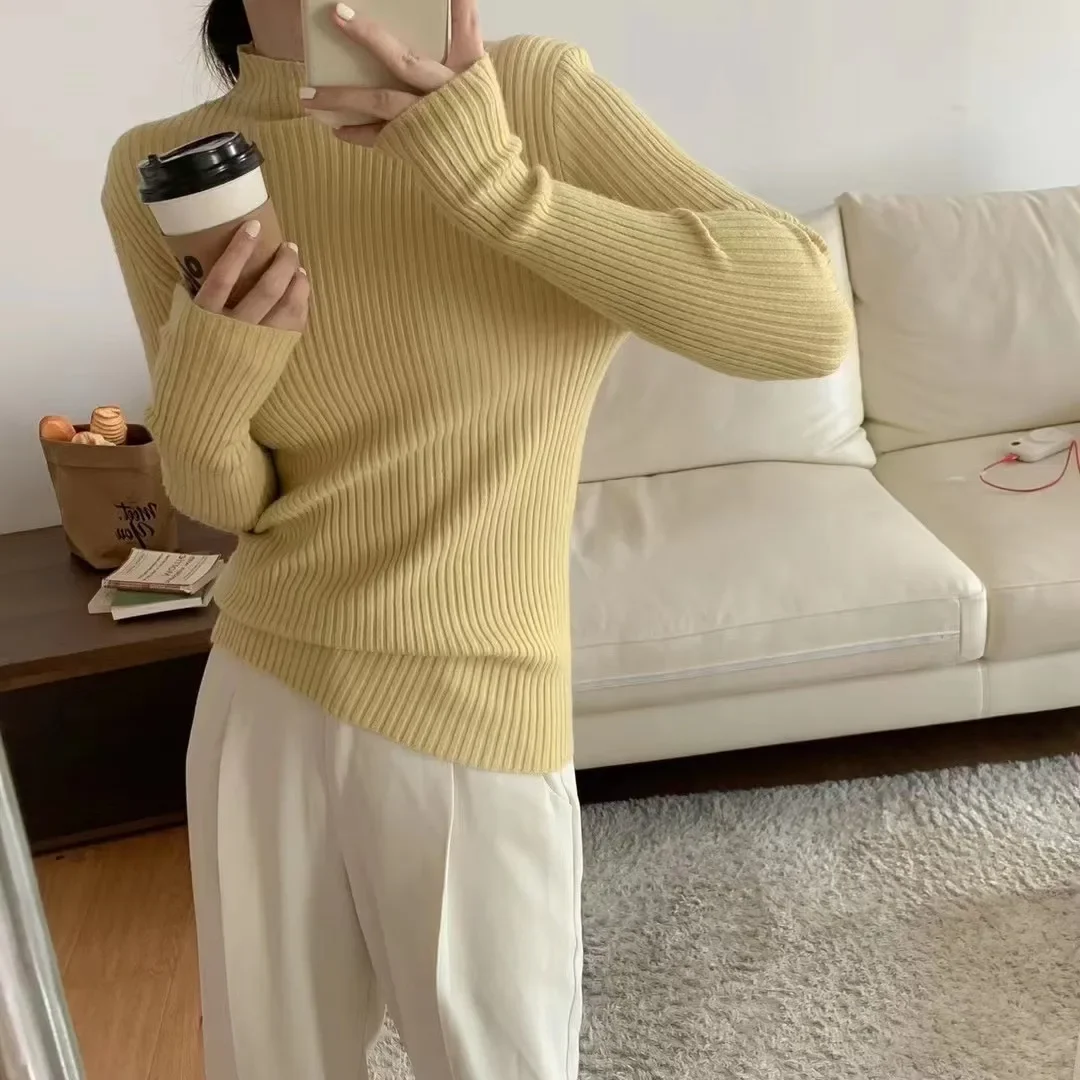 2024 Half High Neck Solid Color All-in-one Vertical Pit Strip Slim-fit Long Sleeve Bottom Knitwear Autumn and Winter Pullover