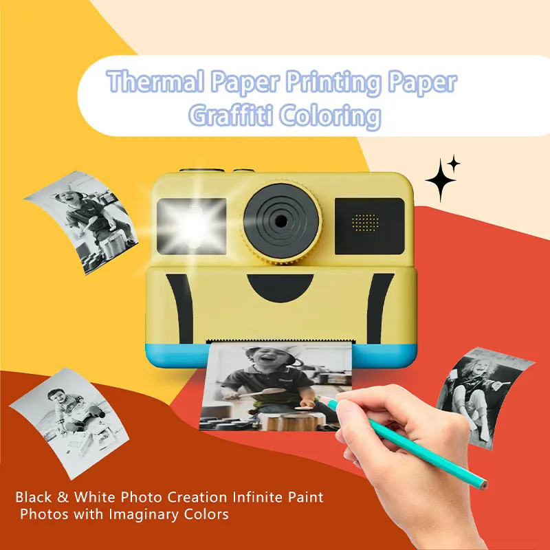 Kids Camera, Cartoon Instant Print Camera|With 3 Rolls of Thermal Paper|USB Charging|Special Christmas & Birthday Gift for Kids