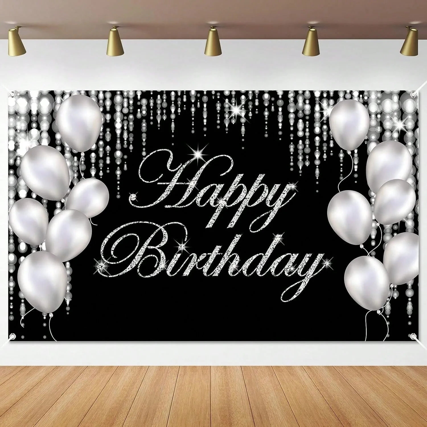 Schwarz-Silber Glitzer Happy Birthday Hintergrund, Weißer Ballon-Diamant-Drapierter Fotohintergrund für Geburtstagsfeier
