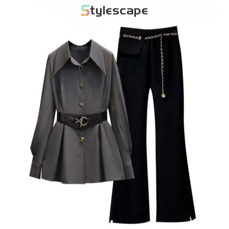 

Early Autumn New Oversized Slimming Set with a Stylish Waistband Shirt and Versatile Micro Flared Pants Two-piece Set for Women