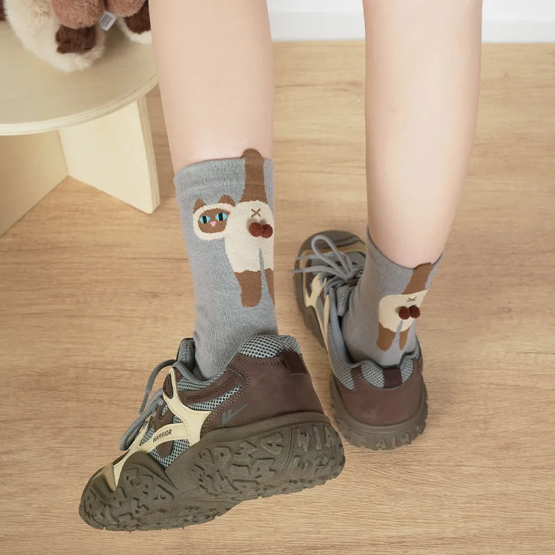 Calcetines divertidos de dibujos animados para mujer, accesorios de algodón con patrón de gato, calcetines de tubo medio, calcetín deportivo antideslizante
