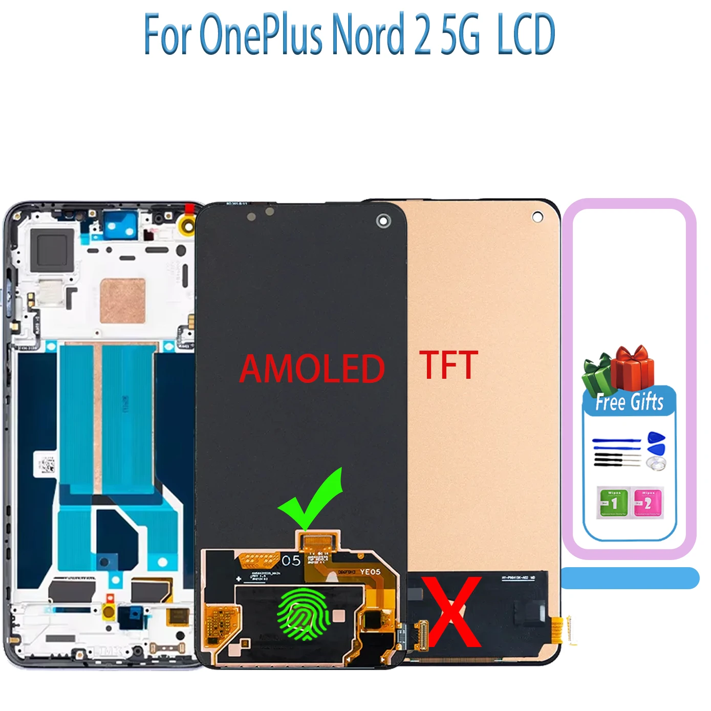 High quality AMOLED Lcd For OnePlus Nord 2 5G Display DN2101 DN2103 LCD Touch Screen Panel Assembly Repair Parts Digitizer