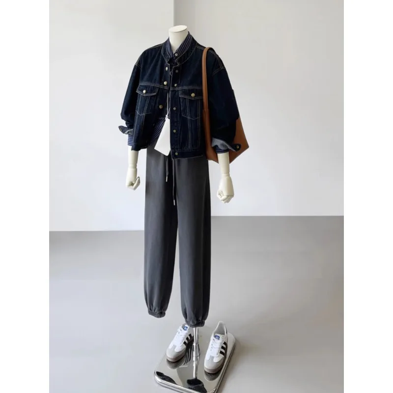 Damski płaszcz jeansowy Vintage Kurtki Kieszenie Jednorzędowy Stójka Postarzany Sprany Streetwear Jesienna Odzież Wierzchnia 2025