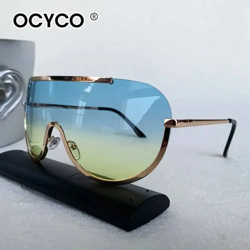 Übergroße einteilige Sonnenbrille, halbrandlose Brille, modisches Schild-Linsen-Design, Metallbrille, Unisex, Outdoor-Sonnenbrille, UV400
