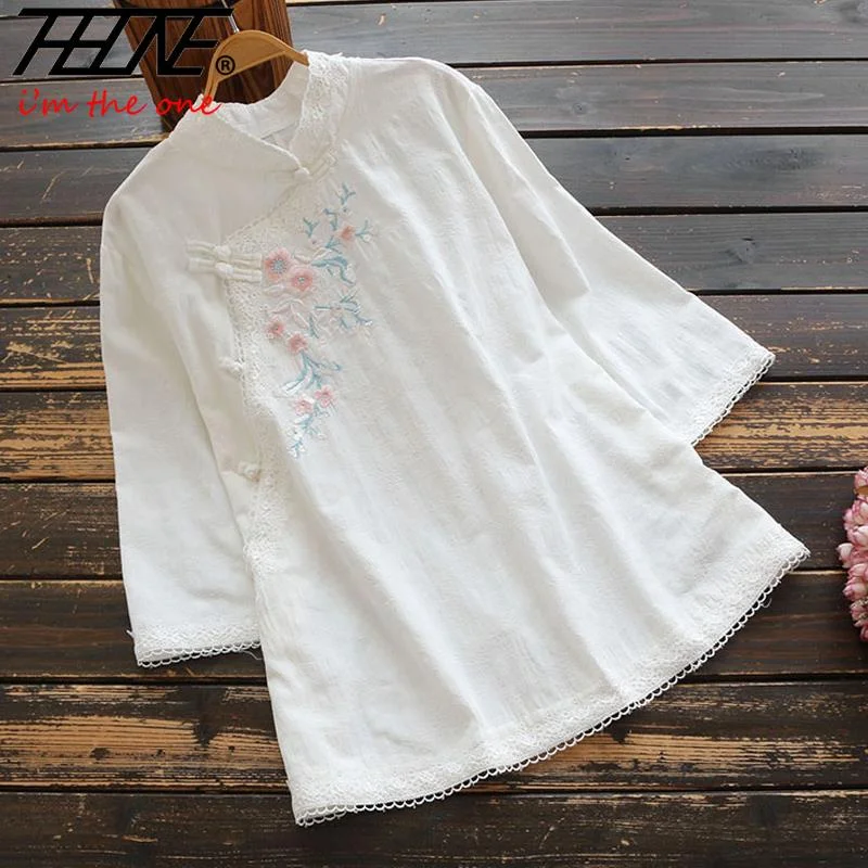 Blusa Mujer Camisas Vintage Cotton Linen Loose Summer Women\'s Clothing Shirts Blouse Embroidery Stand Collar Casual