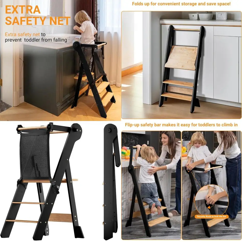 Escabeau pliant à hauteur réglable pour les tout-petits – Aide de cuisine avec filet de sécurité, âgés de 18 mois à 6 ans, naturel et charbon