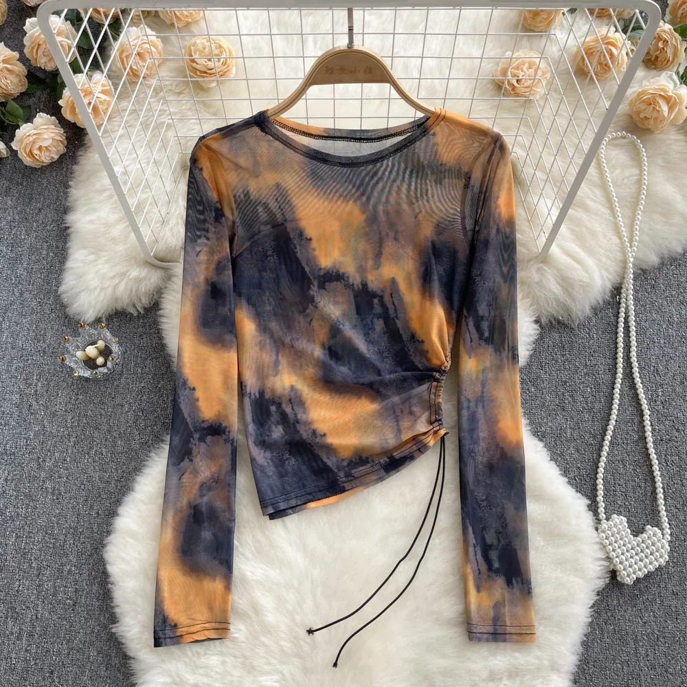 Women Mesh Tie Dye Long Sleeve T Shirt Bodycone Sheer O Neck Tops Female Shirring Tees Y2k Tops Crop Top Summer