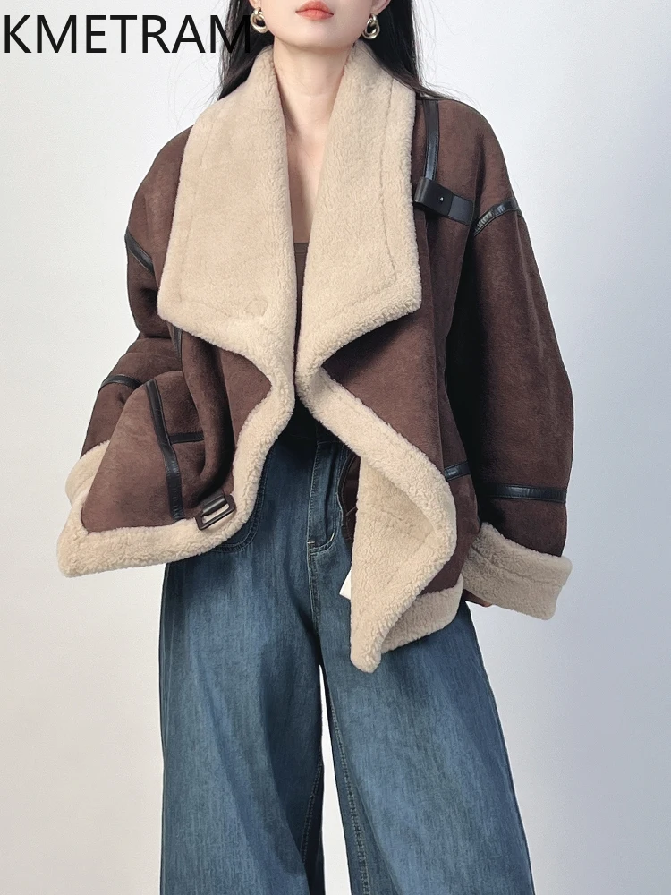 Natural Merino Sheepskin Wool Double Faced Fur Jacket Women Large Lapel Motorcycle Real Fur Coat Winter Woman Clothing 2025 шуба