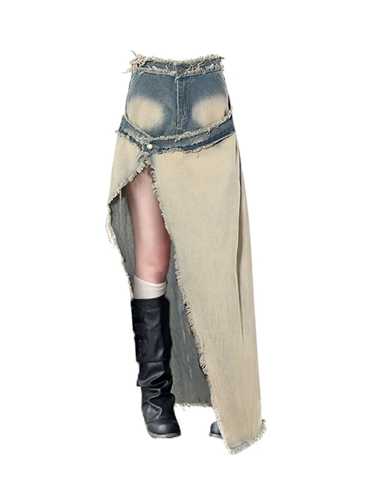 

American Style Vintage Fashion High Waist Ripped Skirt Women New Design Trend Denim Skirt Summer Sexy Gyaru Ankle-Length Skirt