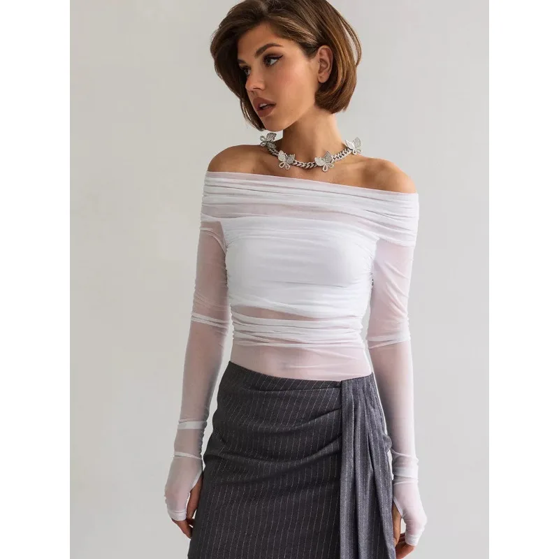 Women  Mesh Off Shoulder Top Sheer Long Sleeve Ruched Blouse Bodycon Slim Fit Going Out Clubwear Crop Top for Party Y2k Clothes view 3