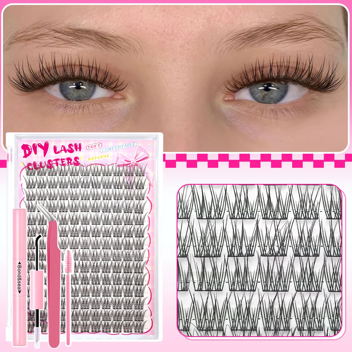 144本入り接着剤不要つけまつげセット、レイヤードフィッシュテールCカール、初心者向け簡単装着、再利用可能なソフトラッシュ