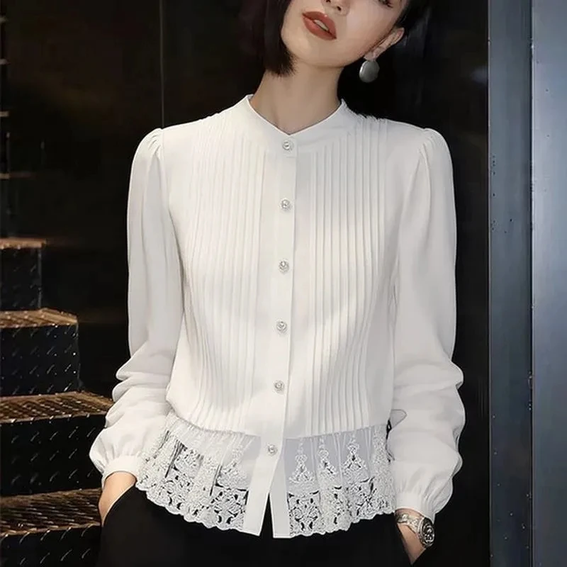 

Женская блузка 2026 Весна-Осень с длинным рукавом, кружевными вставками, элегантная, высокого качества, с воротником-стойкой