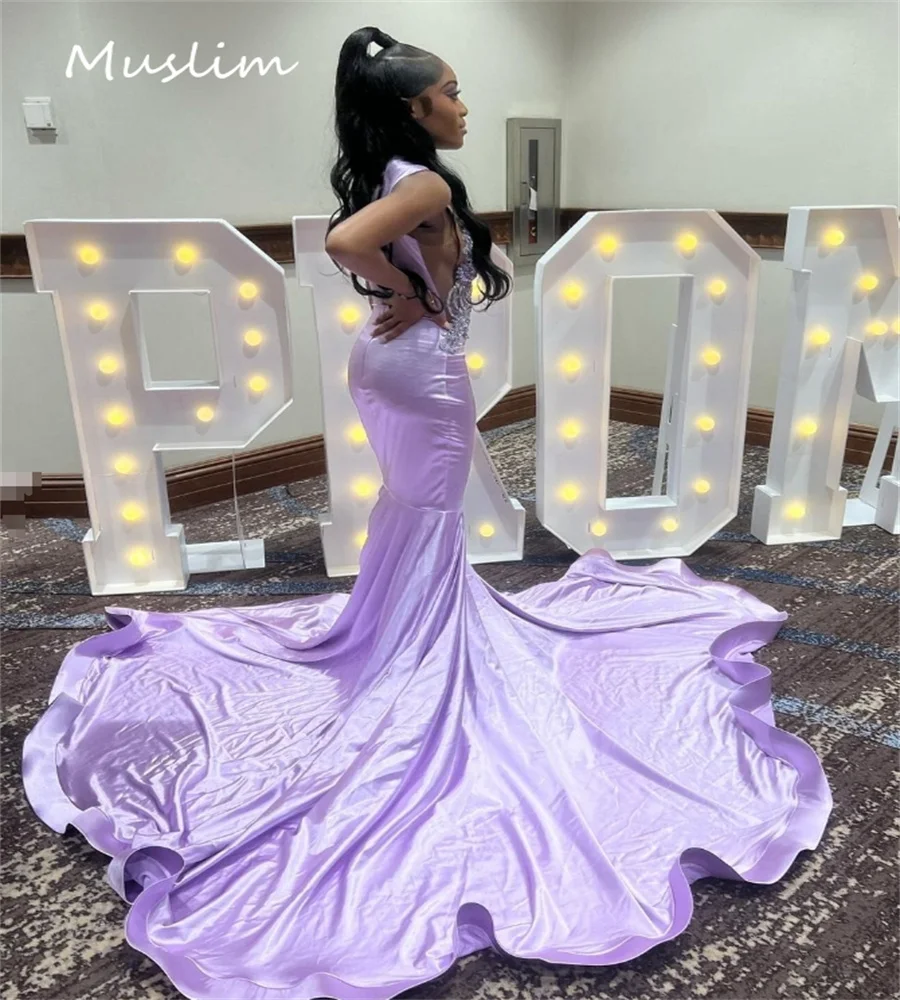 Lilafarbenes Meerjungfrau-Abendkleid mit perlenbesetzter langer Schleppe, schwarze Mädchen-elegante Ballkleider, ärmellos, für formelle Anlässe, Party, individuell