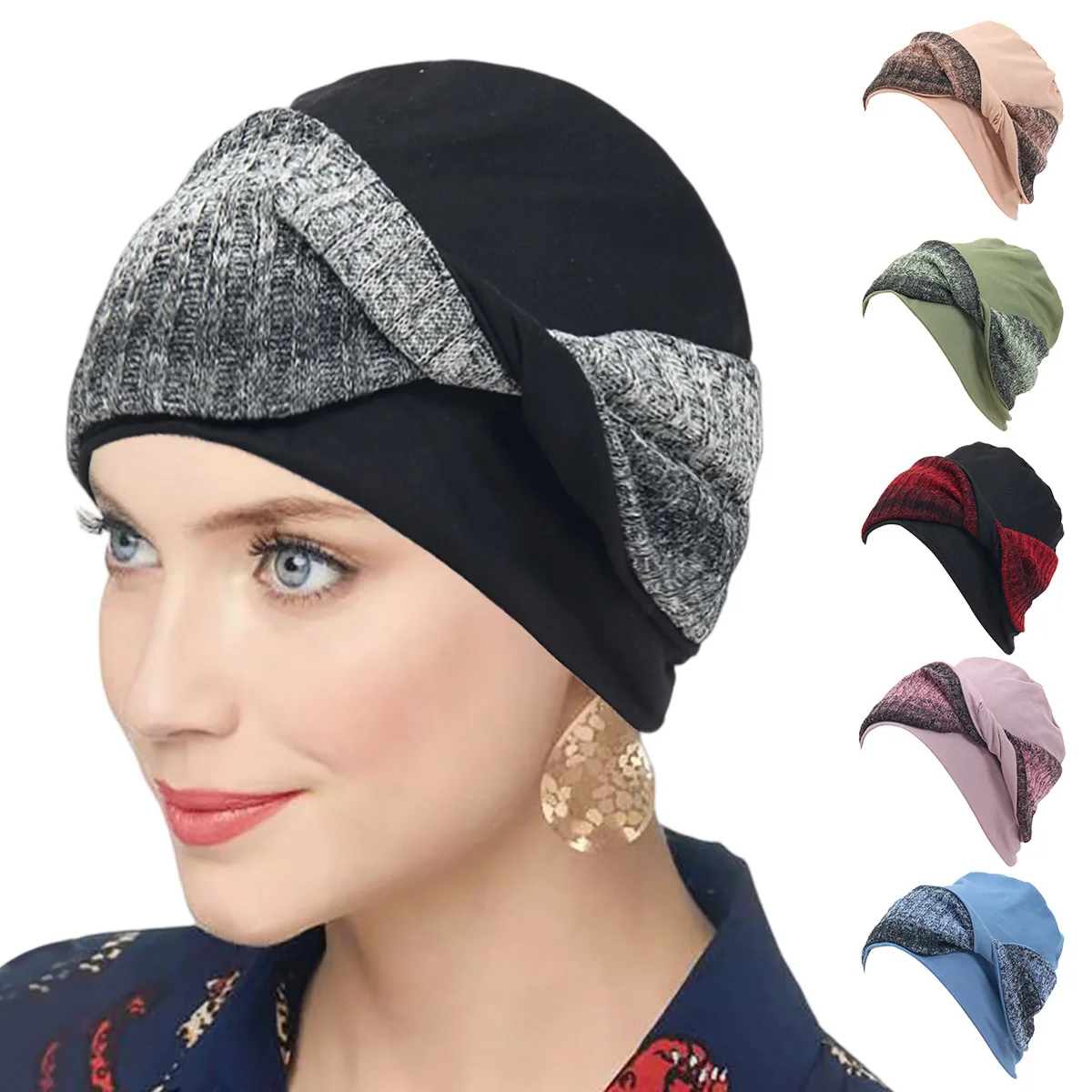 2pcs Fashion Women Spliced Knitted Twist Head Wrap Turban Hat Color Block Design Soft Decorative Beanie Cap For Hair Cover Arab