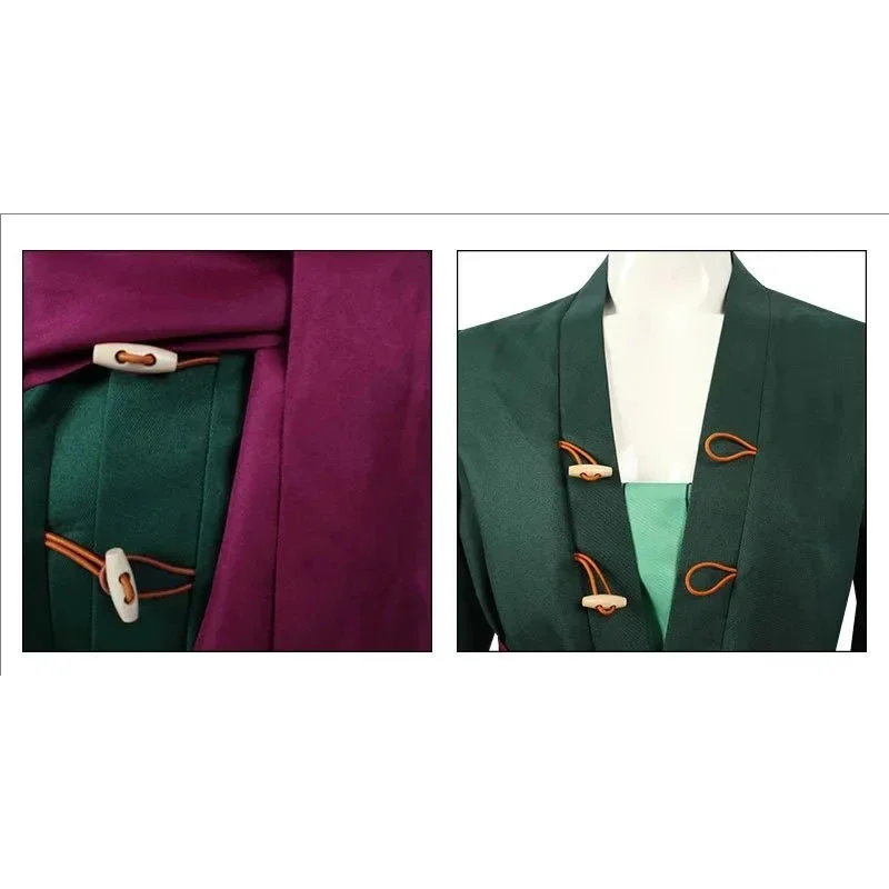 Anime Roronoa Cosplay Costume Uniform Green Coat Belt Pants Head Scarf Roronoa Zoro Wig Halloween Men view 5