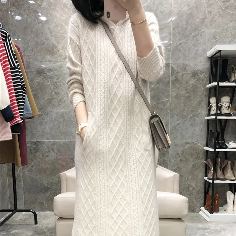 Pure Goat Cashmere Dress with Hoodie, Bottoming Knee-Length, Knitted Dress, Autumn and Winter, 100%