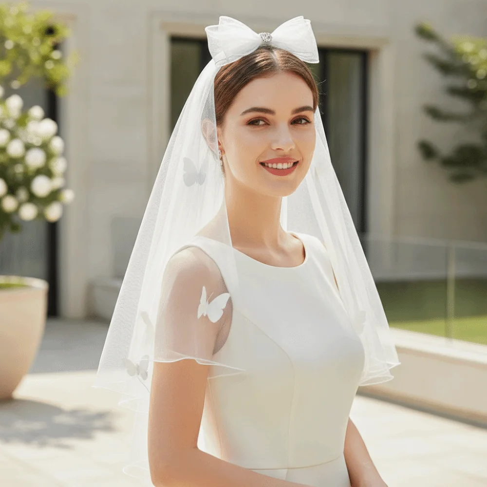 Soft Mesh Bridal Wedding Veil Hair Clip Pure White Butterfly Mesh Headpiece Wrinkle Free Dual Layer Short Tulle Veil