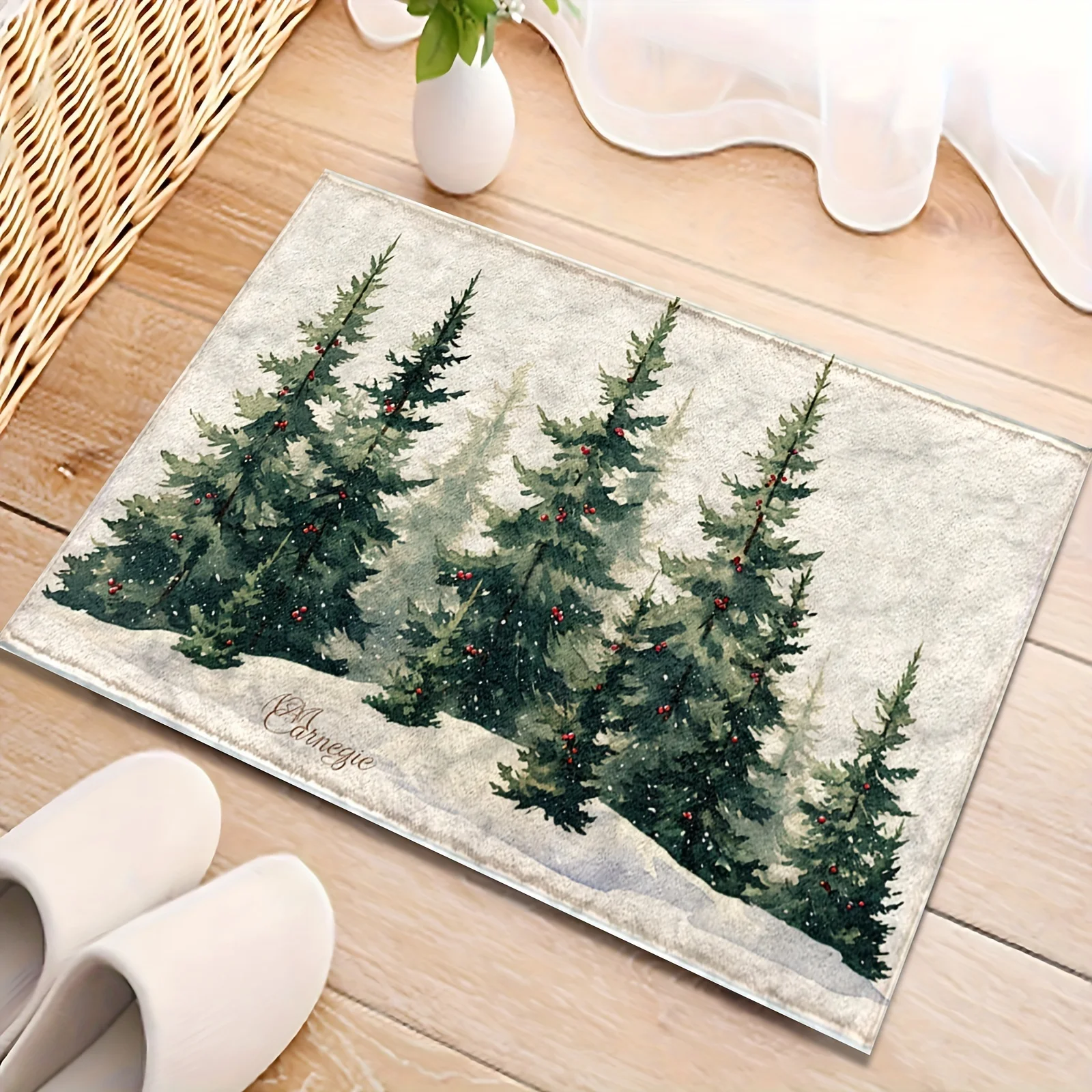 Christmas Tree Snow View Holiday Warm Home Decorations and Accessories Bathroom Doormats Suitable for Livingroom Hallway Bedroom