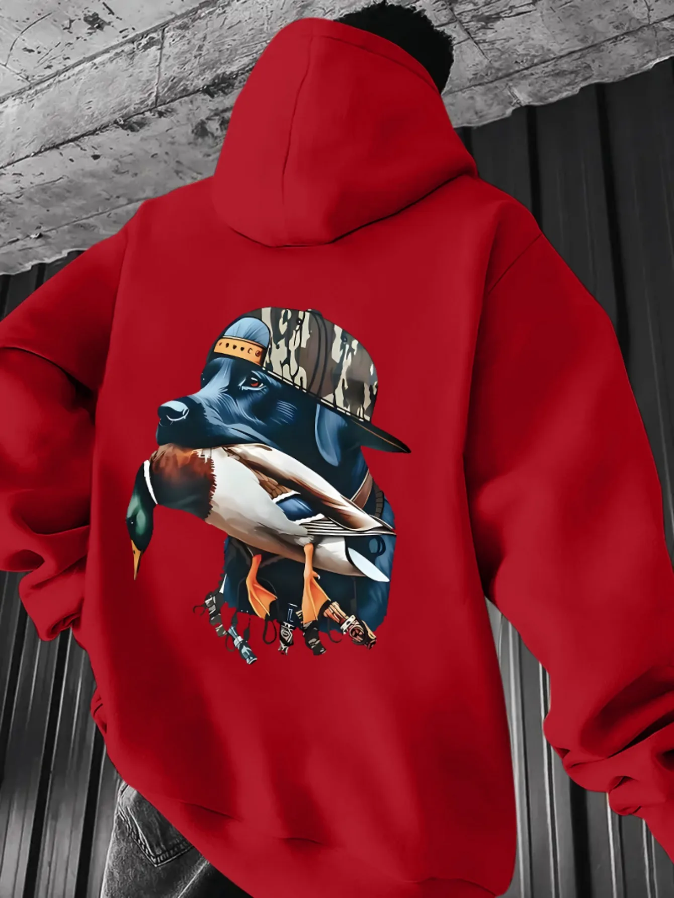 Men's loose and stylish hooded sweatshirt, with hunting dog and wild duck prints, soft and loose hunting-style street hoodie