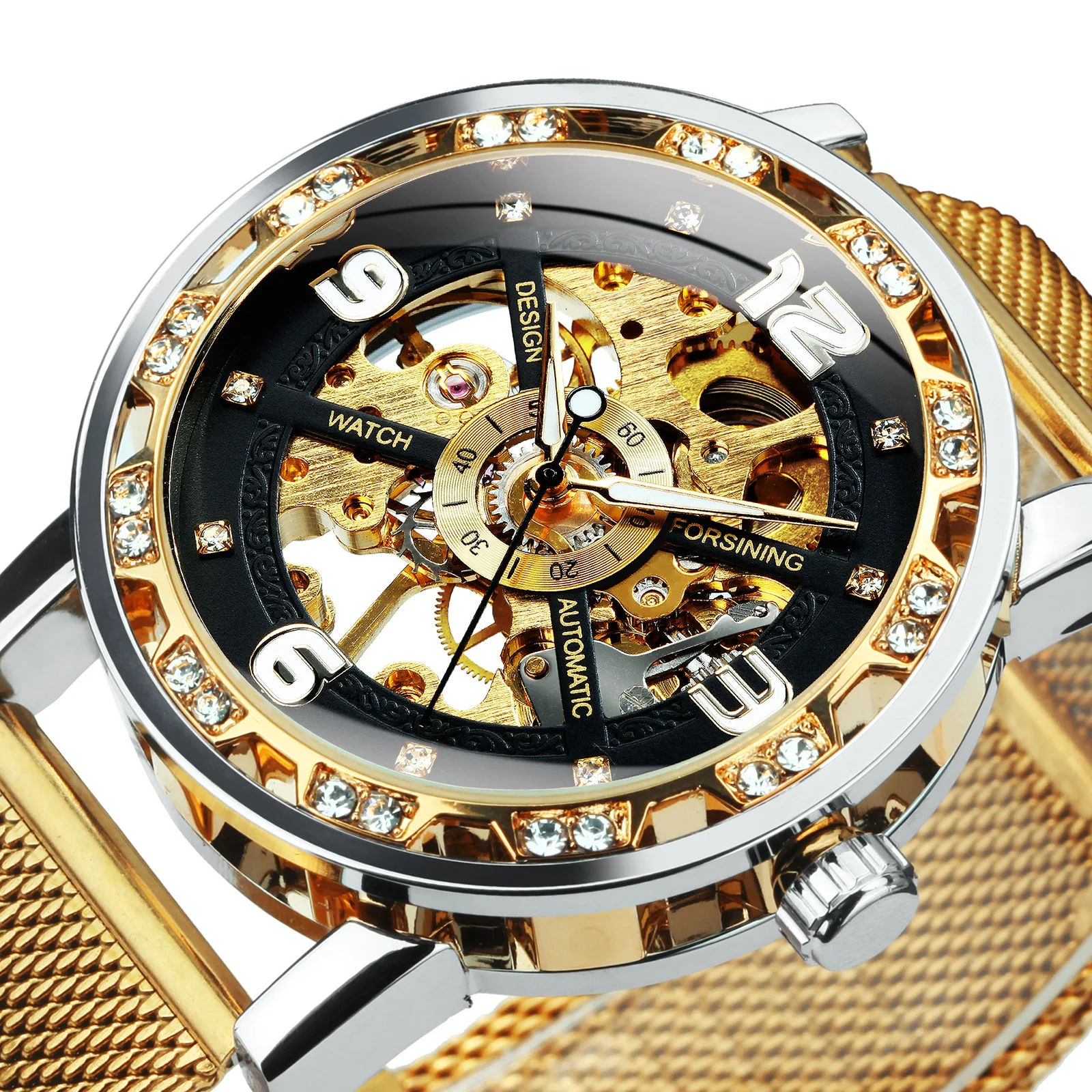 Forsining Vintage Luxury Mechanical Watches Classic Iced Out Gold Skeleton Watch for Men Luminous Hands Stainless Steel Strap