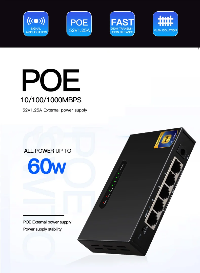 5포트 1000Mbps 비관리형 PoE 스위치 4포트 1G PoE + 1포트 업링크 이더넷 스위치