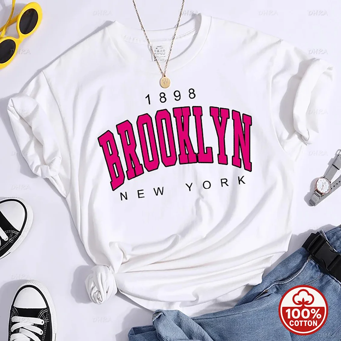 Vintage Varsity T-Shirt - Brooklyn New York 1898 Letter Print, Retro Casual Crew Neck Short Sleeve Tee for Streetwear