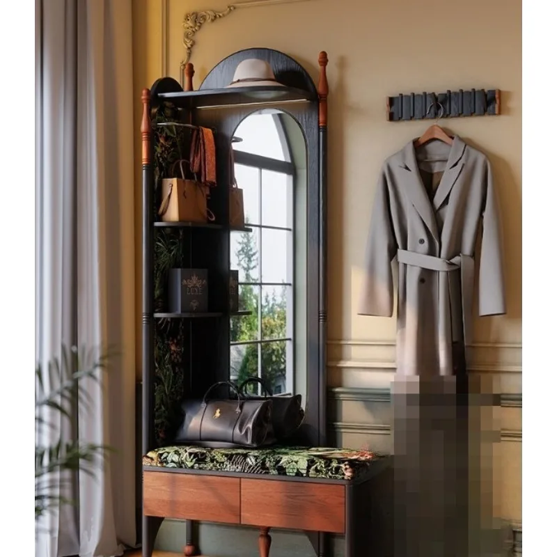 

Coat rack, full-length mirror, integrated home shoe change stool, French retro ash wood storage cabinet, hanger