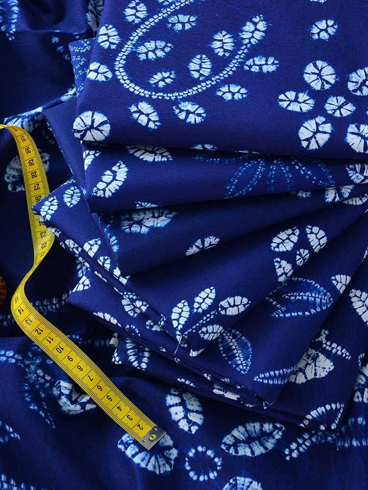 Indigo Dyed Fabric Navy Blue Cotton Leaf Flower for Sewing Clothes DIY Handmade by Half Meter