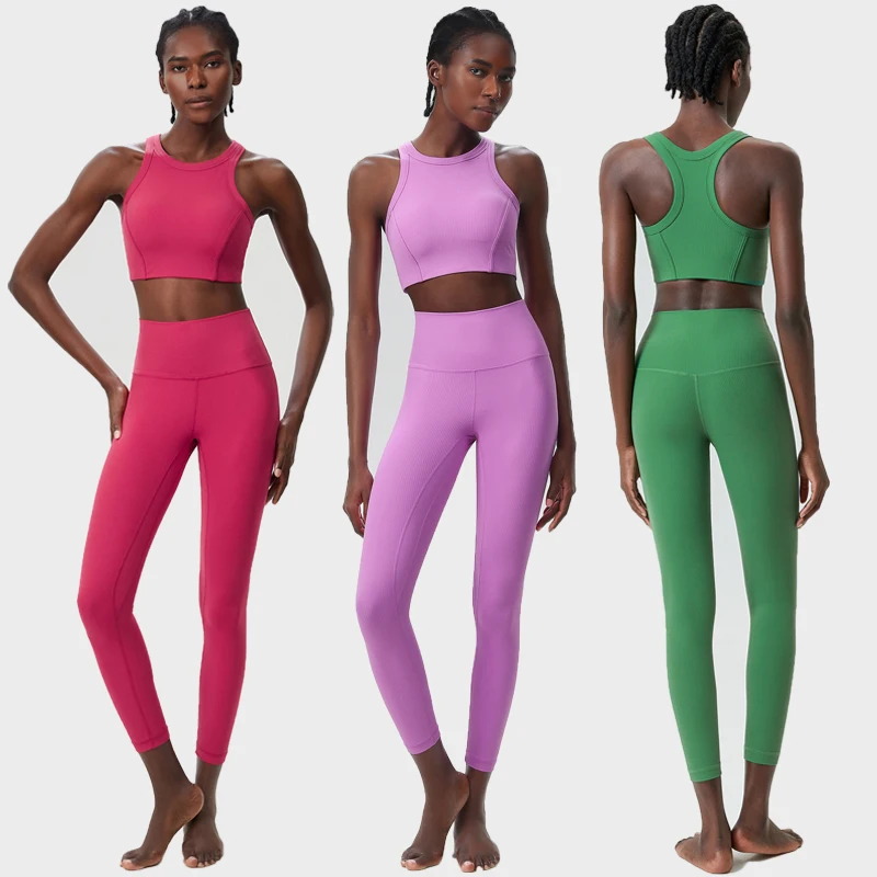 Two Pieces Fitness Yoga Set Women Solid Color Stretchy Gym Suit High Impact Breathable Running Sportswear Female Workout Clothes