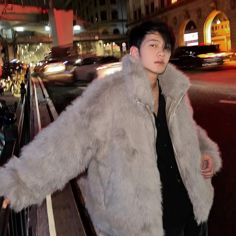 Korean Fashion Faux Fox Fur Coat New Fall and Winter High Street Trend Warm Jacket Man Streetwear Hip Hop Black Faux Fur Coat