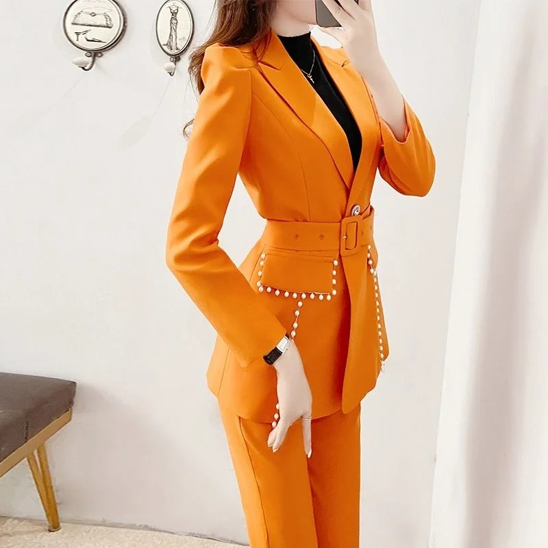 high-quality Single/ orange female autumn and winter new fashion bell-bottom two-piece suit Western style