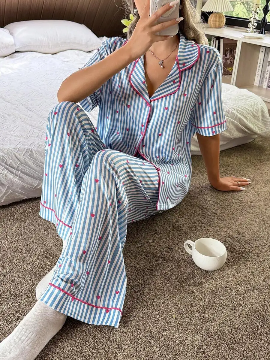 

Striped Pajama Set Women Short Sleeve Long Pants Sleepwear Blue White Heart Print Casual Loose