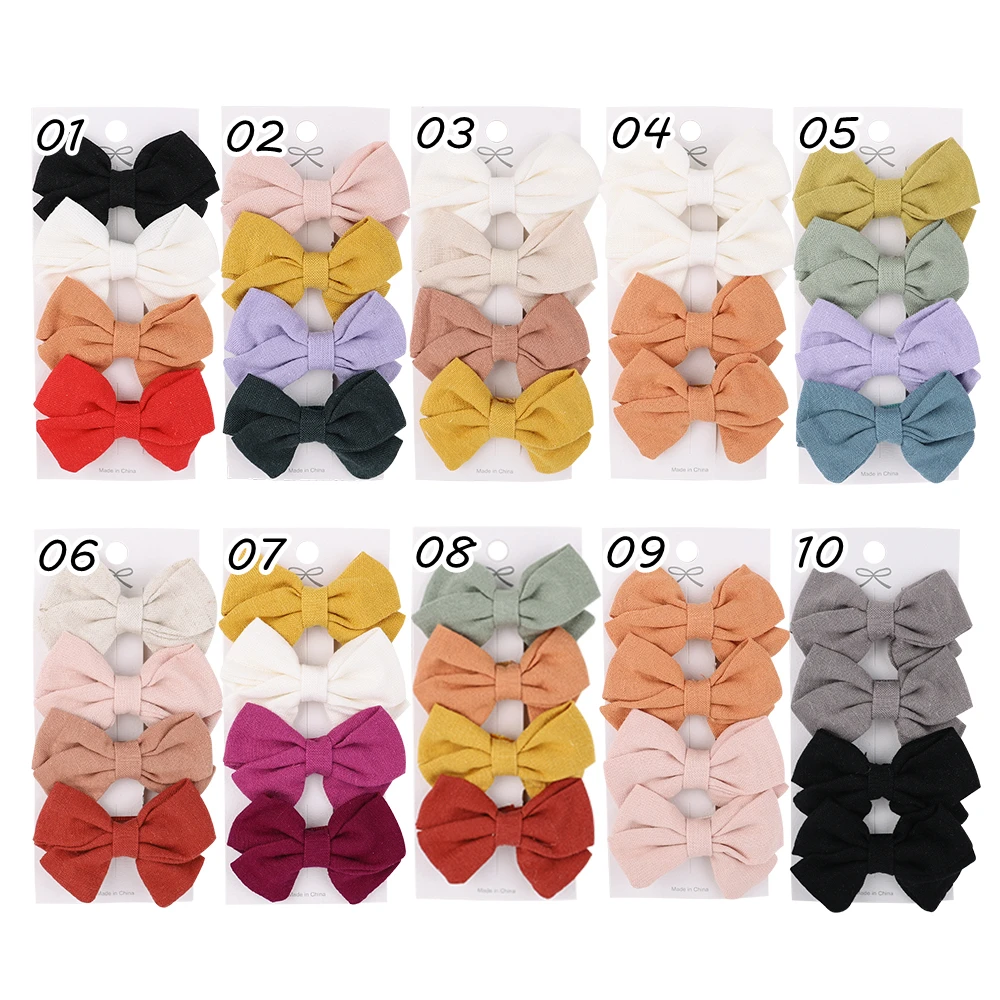 Sólido Linho Bowknot Clipes de Cabelo para Meninas, Handmade Hairpins, presilhas, Headwear, Acessórios para Crianças, Presente, 2.4 ", 4Pcs por Conjunto