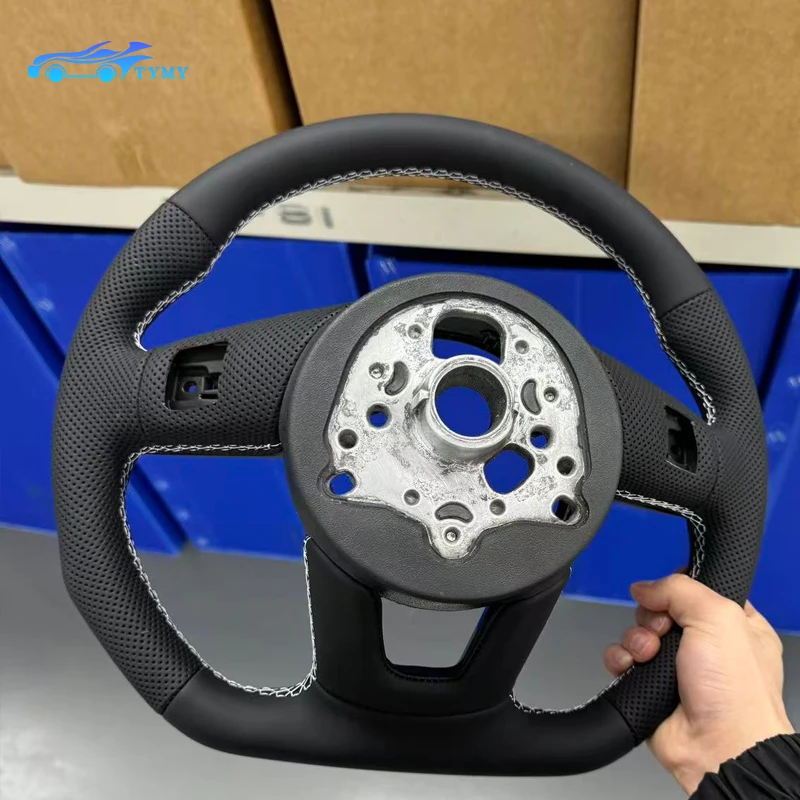 For Audi RS3 RS4 RS5 A3 A4 B9 A5 S3 S4 S5 2017-2020 flat-bottom sports perforated leather steering wheel, white stitching view 5