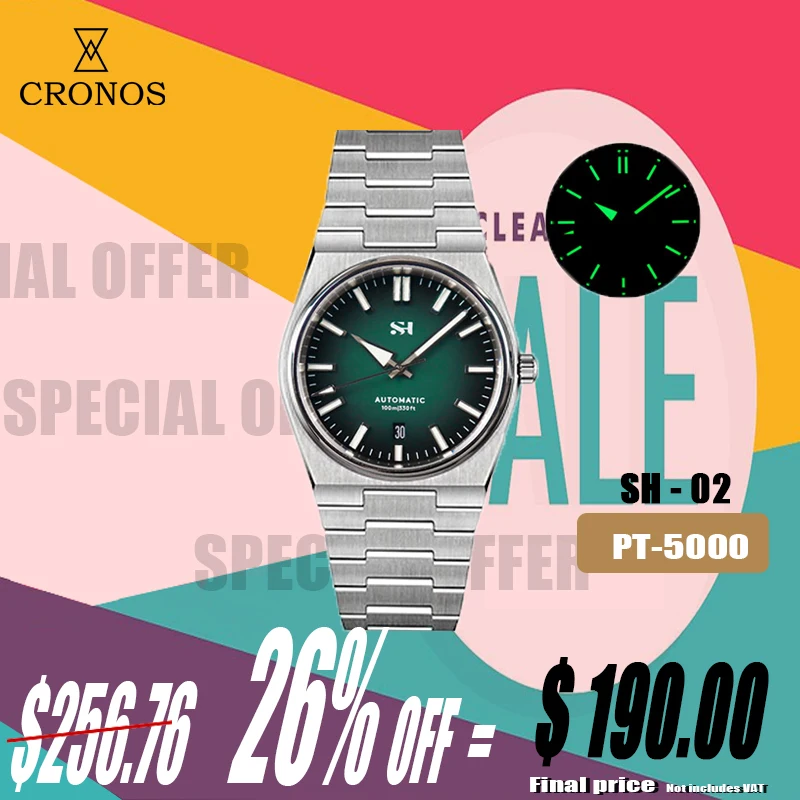 Cronos SH Stainless Steel Automatic Diver Men\'s Watches PT5000 SW200 Full Brushed Bracelet See-Through Back 10ATM Waterproof