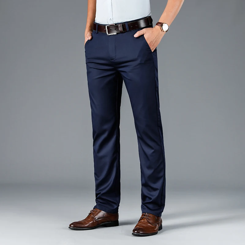 Spring Summer Straight Suit Pants Men\'s Business Stretch Royal Blue Khaki Black Thin Office Formal Trousers Male Size 40 42