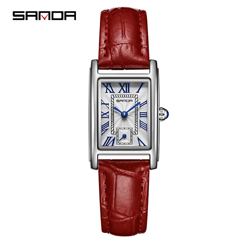 

Sanda 1116 Women's Quartz Watch Red White Fashion Elegant Rectangle Waterproof Pointer Leather Business Ladies Wristwatches