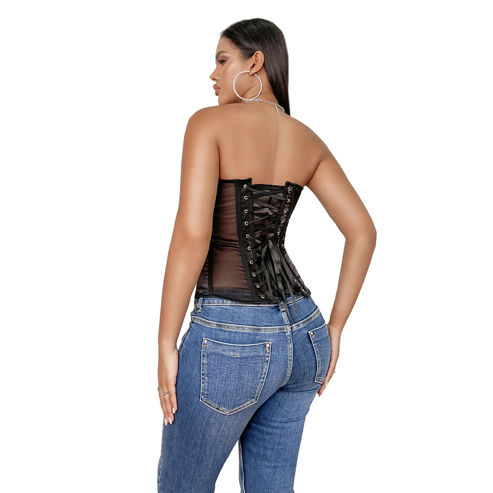 Donne Sexy Sheer Mesh Patchwork Bustier Top corsetto Vintage senza spalline Lace-Up Back Overbust vita Cincher